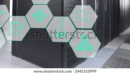 Image of multiple medical icons against computer server room. Medical research and business data storage technology concept