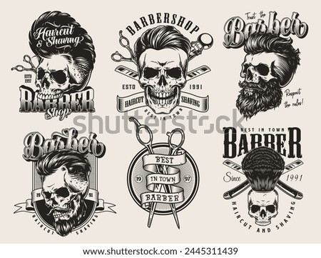 Barbershop industry set stickers monochrome with skulls and accessories for haircuts and shaving for dyeing barber salon display vector illustration