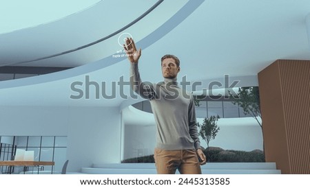 Portrait of Futuristic Businessman Activating Data Analysis in a Virtual Space. Person Gesturing with an Augmented Reality Hologram Information, Financial Reports, Stock Market, Infographics