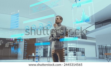 Portrait of Futuristic Businessman Activating Data Analysis in a Virtual Space. Person Gesturing with Augmented Reality Hologram Information, Financial Reports, Stock Market Reports, Infographics