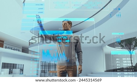 Portrait of Futuristic Businessman Activating Data Analysis in a Virtual Space. Person Gesturing with an Augmented Reality Hologram Information, Financial Reports, Stock Market Reports, Infographics