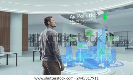 Futuristic Architect Standing in Virtual Space, Interacting with an Augmented Reality Hologram 3D City showing ESG Data and Green Energy Statistics, Big Data Analysis of Reusable Building Materials