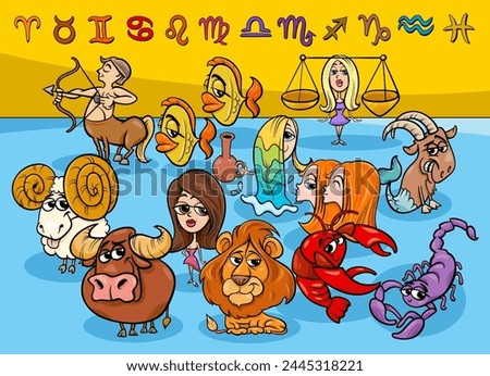 Cartoon illustration of all zodiac signs characters collection