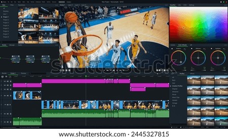 Basketball Championship Color Grading Software UI. Super Cool Stylish Editing in AI Application Tool that Transform Tournament Highlights, Goals and Victories in Advanced Mock-up User Interface Royalty-Free Stock Photo #2445327815