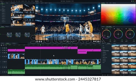 Basketball Championship Color Grading Software UI. Super Cool Stylish Editing in AI Application Tool that Transform Tournament Highlights, Goals and Victories in an Advanced Mock-up User Interface