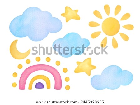 cute sun, rainbow, clouds, stars and moon. children s set of watercolor illustrations of elements of sky. collection of simple clipart and cut out images