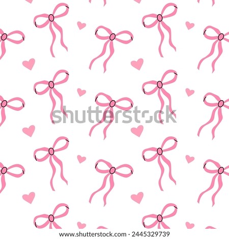 Seamless pattern with pink bows and hearts. Gift ribbons in hand drawn and flat styles. Fashionable vector illustration. Hair accessory. Bows for gift wrapping.