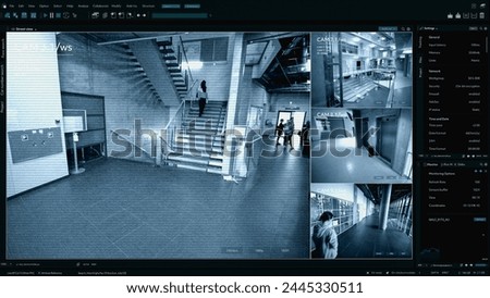 Surveillance Camera CCTV Footage, Multiple Screens Show Inside Building, Unrecignizible People Walk. High-Tech Security and Data Protection Mock-up. Screen Replacement Template for Computer Displays Royalty-Free Stock Photo #2445330511