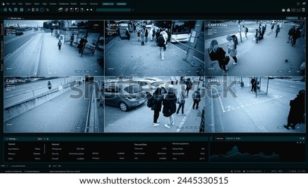 CCTV AI Facial Recognition Camera Authentificating People on Street. Security Camera Surveillance Footage Identity Scanning. Crowds of People Walking Safely on Big City Streets. Big Data AI Analysis Royalty-Free Stock Photo #2445330515