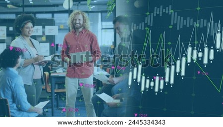 Image of multiple graphs with changing numbers, diverse coworkers sharing ideas in office. Digital composite, multiple exposure, report, business, growth, planning and teamwork concept.