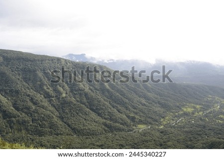 Majestic view of the beautiful, lush green Koyna Valley in Mahabaleshwar, India, with trees against dreamy clouds and fog-covered high mountains. Panorama photo.
