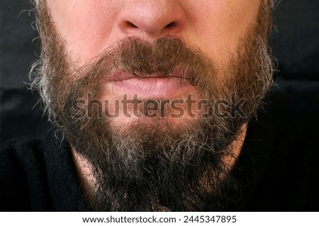 Mustache and beard. Men's makeup. Lips, face close-up. Men's beard. The guy's face is large. Brutal macho. Barber. Lumberjack. Beard, beaver                               Royalty-Free Stock Photo #2445347895