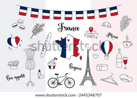 France doodles set vector. Illustration of cute hand drawn outline French symbols Eiffel Tower, lavender, country map, flag and others. National lankmarks clip art collection.