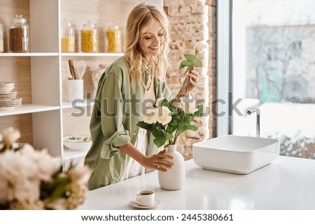 Woman in kitchen arranging colorful flowers in a vase at home. Royalty-Free Stock Photo #2445380661