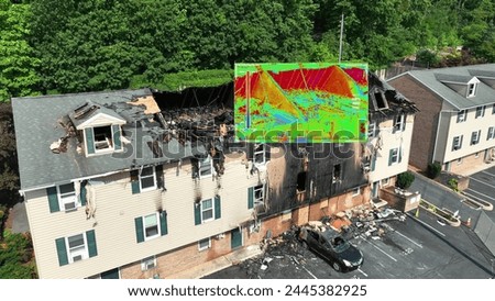 Thermal drone camera scan collapsed roof after house, apartment fire. Thermal imaging technology overlay on burnt building for hotspots. 3D graphic Royalty-Free Stock Photo #2445382925