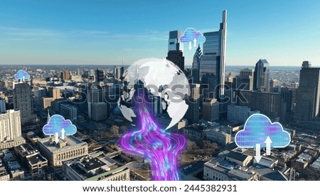 3D Graphic of Digital globe and vibrant data streams with cloud icons. Aerial of urban Philadelphia skyline with Connectivity. IoT theme