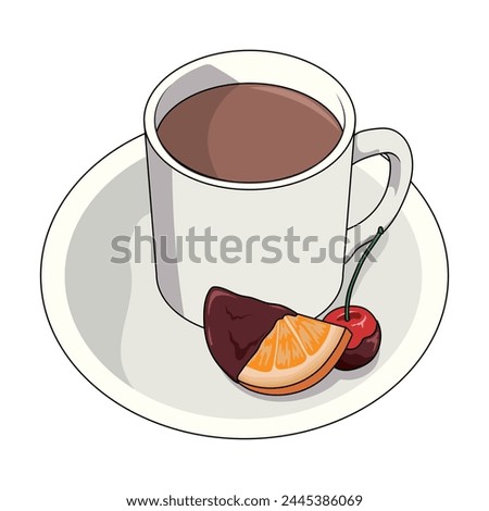 Hot cocoa with chocolate-coated oranges and cherries served in a white mug