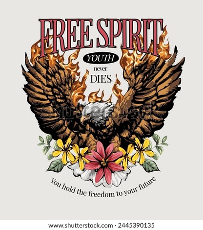 free spirit slogan with fired eagle and flower graphic hand drawn vector illustration