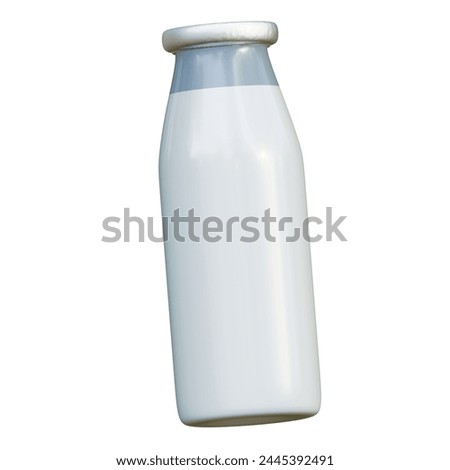 A bottle of milk. Glass container with fresh milk produced on the farm. Natural product. 3D render illustration in cartoon style. Transparent background, isolation.