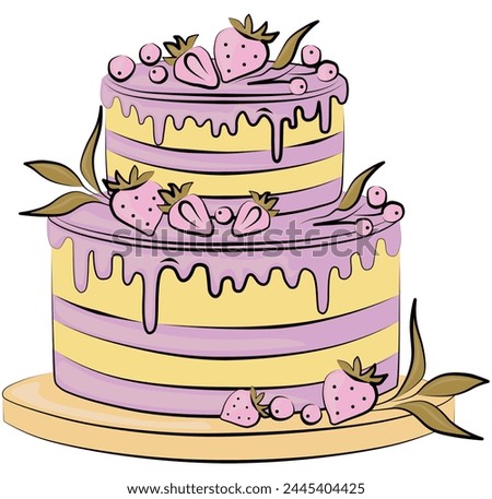Birthday cake with strawberry isolated illustration. Sweet cake for a surprise birthday, Mother's Day, Valentine's Day on a pink background.