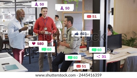 Image of notification bars over diverse coworkers discussing during tea break in office. Digital composite, multiple exposure, business, beverage, drink, social media reminder concept.