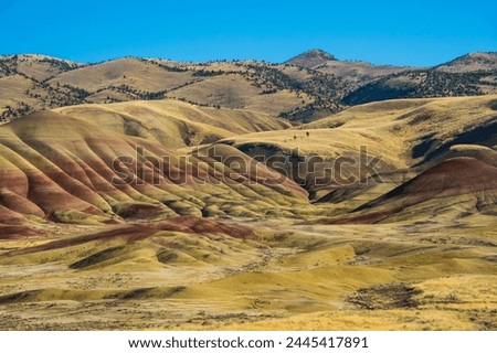 Multicoloured strata in the Painted Hills unit in the John Day Fossil Beds National Monument, Oregon, United States of America, North America Royalty-Free Stock Photo #2445417891