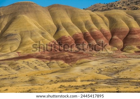 Multicoloured strata in the Painted Hills unit in the John Day Fossil Beds National Monument, Oregon, United States of America, North America Royalty-Free Stock Photo #2445417895
