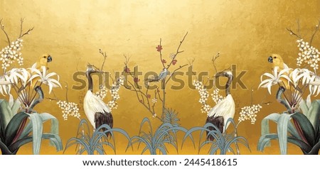 Art landscape background with gold texture. chinoiserie style with herons, birds and peonies illustrations. chinoiserie style Interior wallpaper.