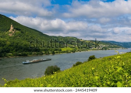 Cargo boat passing Castle Sooneck on the River Rhine, Niederheimbach. Upper Rhine Valley, UNESCO World Heritage Site, Hesse, Germany, Europe