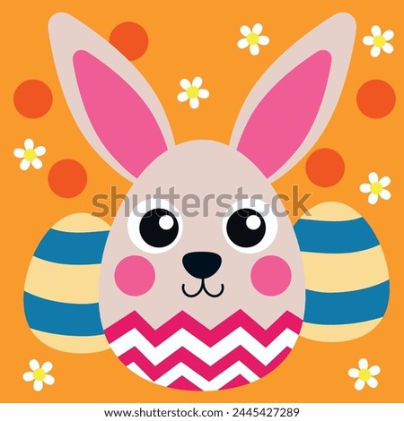  In the centre of attention is a stylised rabbit with big eyes, pink cheeks and a smiling mouth. The rabbit's ears are pink and white, stretching upwards. 