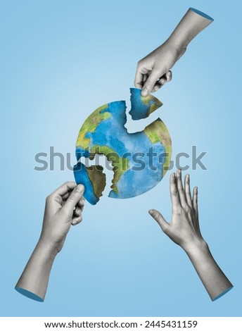 Earth destruction concept. Hands tearing the Earth on a blue background. Earth Day. Art collage.