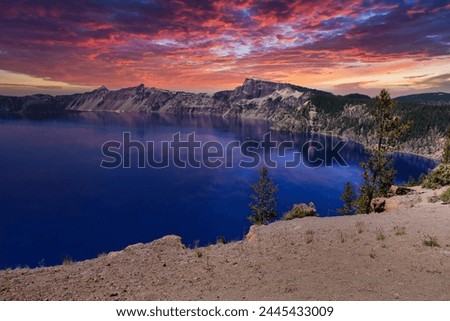 Colorful Sunset over Crater Lake National Park in Oregon.