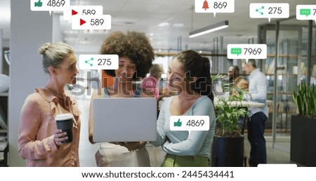 Image of notification bars over diverse coworkers standing and discussing reports on laptop. Digital composite, multiple exposure, business, planning, teamwork, social media reminder, technology.