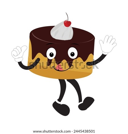 Groovy cake sliced cartoon mascot character with smile. Funny retro birthday cake slice in sneakers, confectionery mascot, Graphic element for website