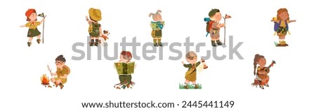 Funny Boy and Girl Scout Character in Uniform Enjoy Adventure Vector Set
