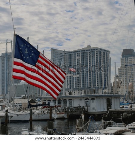 Flag flying at St. Petersburg pier in st Pete Florida sail boats in the background along the beach and water Royalty-Free Stock Photo #2445444893