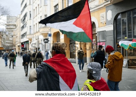 2024.03.09 Sarajevo, Bosnia and Herzegovina: Pro-Palestinian protests. Palestine Flags. Free Palestine. People protesting for a free palestine. Royalty-Free Stock Photo #2445452819