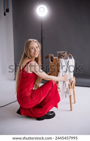 A woman, freelancer, blogger in a silk red dress on a white floor, black background. blonde owner cat of the Scottish Straight-eared breed at production studio