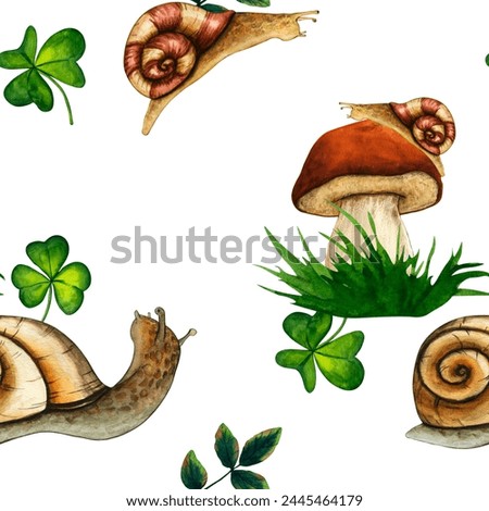 Watercolor seamless pattern wild forest mushrooms porcini and snail. Nature forest lawn scene. Wild landscape. Isolated eco natural illustration on white background.