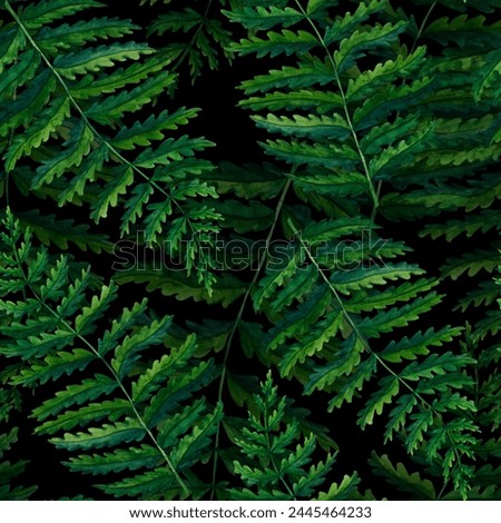 Seamless pattern fern watercolor hand painted illustration in green colors, greenery branch, twig, stem, forest plant isolated on black background for wall art. Clip art for design.