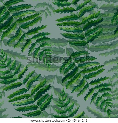 Seamless pattern fern watercolor hand painted illustration in green colors, greenery branch, twig, stem, forest plant isolated on grey background for wall art. Clip art for design.