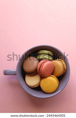Purple cup filled with pastel macarons on pink background. Top view.