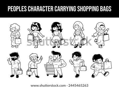 People character carrying shopping bags vector outline sketch illustration set