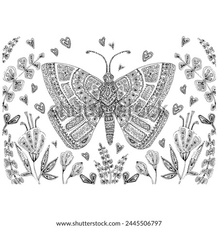 Antistress coloring page with zentangle freehand drawn butterfly with lots of small details for adults. For your coloring book.