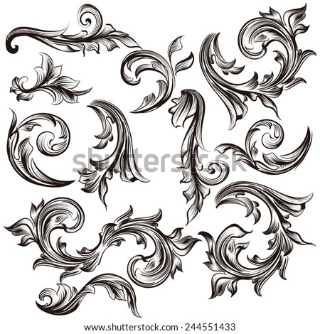 Vector set of swirl elements for design. Calligraphic vector