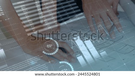 Digital composite of a team discussing ideas while graphs move in the foreground 4k