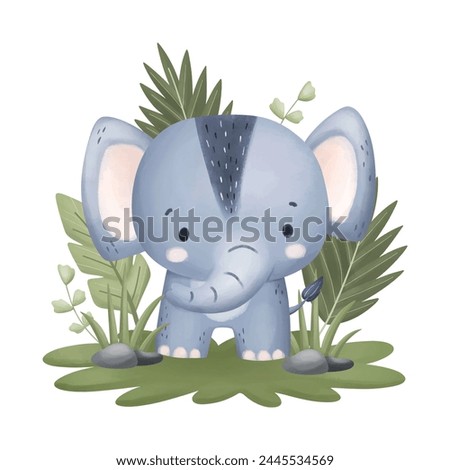 Cute Baby Elephant and Leaves