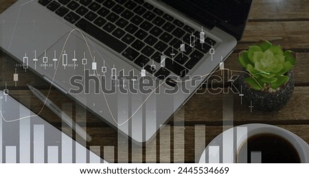 Digital image of graphs moving in the screen with a background of a work space with a cup of coffee, laptop, pen and paper, and a small plant 4k