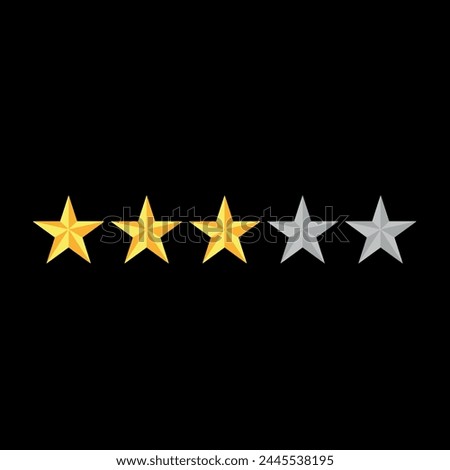 Three gold stars with yellow color five to 3 stars in a line vector clip art.