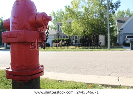 This is a picture of a fire hydrant, with a calm neighborhood scene in the background.